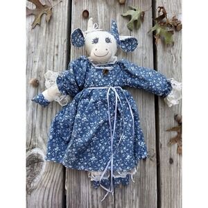 Handmade Cloth Cow Doll 16" Blue Floral‎ Dress Lace Trim Farmhouse Primitive